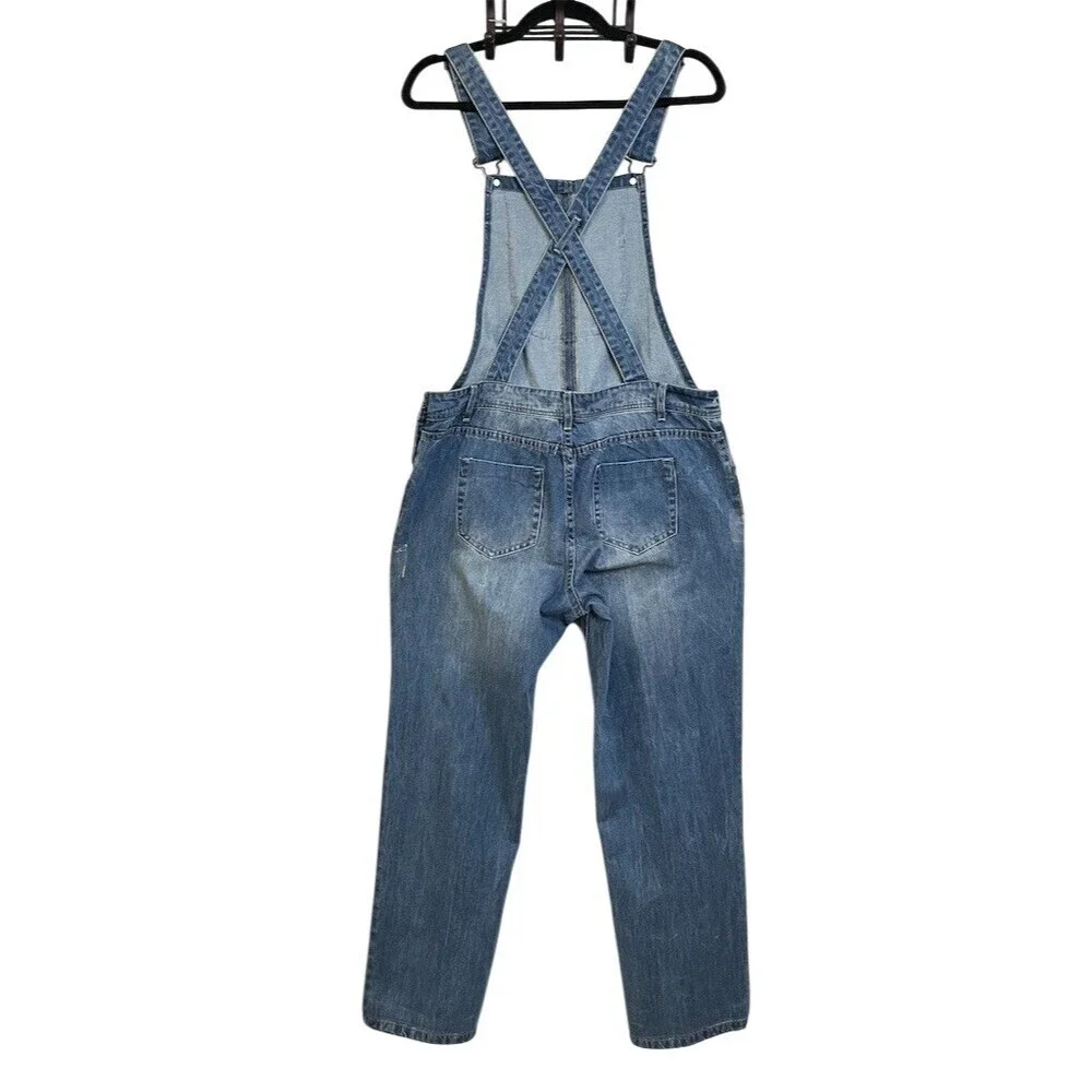 Lulus Women’s Denim Bib Overalls L Blue Distressed Straight Leg Adjustable